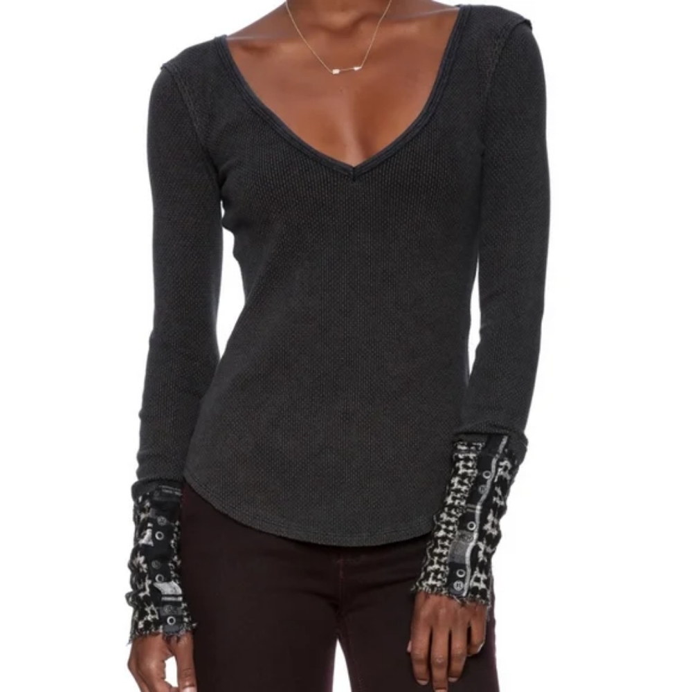 Free People Art School Grey Thermal Long Sleeve Plunge V-Neck Top